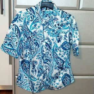 New York & Company Teal Paisley Button Down Cotton Shirt - Sz Large - Preowned!!
